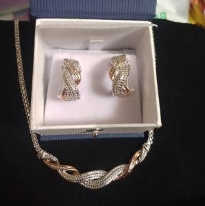 Two Tone Diamond Accented French Lock Earrings & Evening Necklace